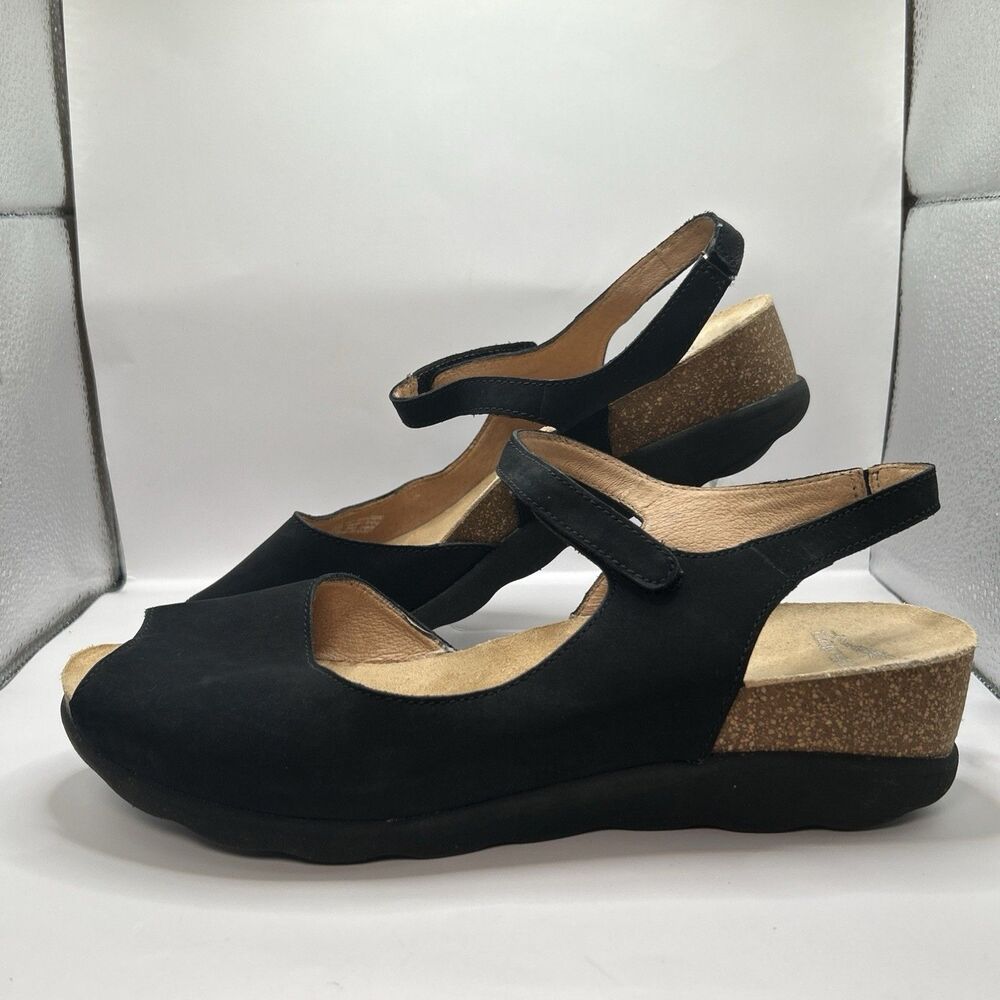 Dansko Womens Black Leather Wedge Sandals Size 42 US 11.5-12 Peep Toe Comfort